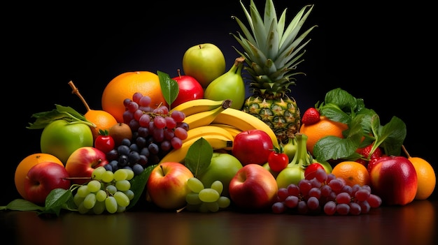 Disposición artística de frutas frescas en una superficie de un solo color