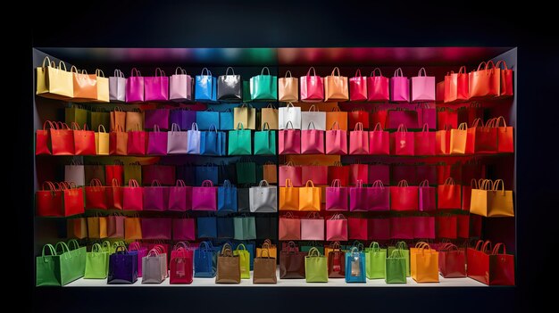 Foto disposición de bolsas de compras de colores en exhibición