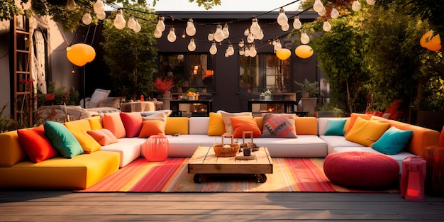 disposición contemporánea de asientos al aire libre con sofás modulares, una elegante alfombra y luces colgantes