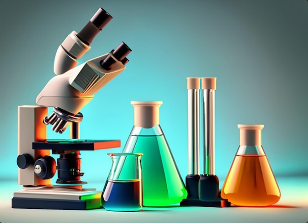 Disposición de cristalería de laboratorio y microscopio.