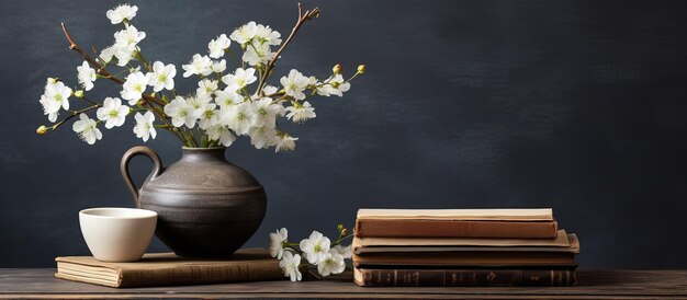 Disposición de cuencos de cerámica blanca en una mesa de madera con libros y un jarrón de flores