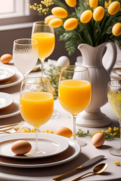 Disposición festiva de la mesa para la cena de Pascua con mimosa