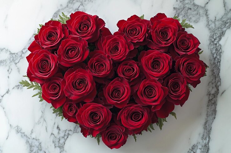 Disposición en forma de corazón de rosas rojas en una superficie de mármol para ocasiones románticas IA generativa