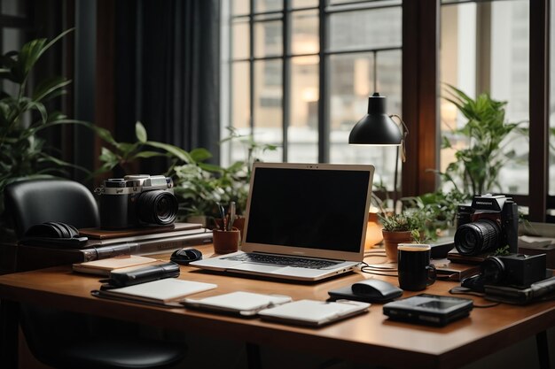 Disposición del lugar de trabajo con computadora portátil.