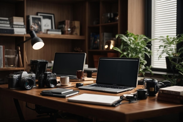 Disposición del lugar de trabajo con computadora portátil.