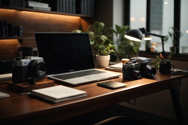 Disposición del lugar de trabajo con computadora portátil.