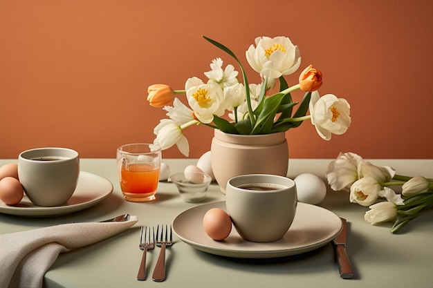 Disposición de la mesa con huevos de café y tostadas