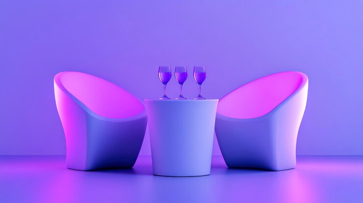 Foto disposición moderna de asientos con un diseño de iluminación púrpura y rosa vibrante