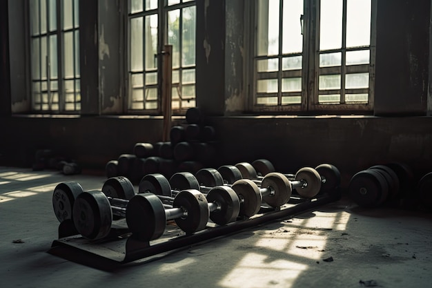 Disposición de pesas variadas de gimnasio en IA generativa de luz natural.