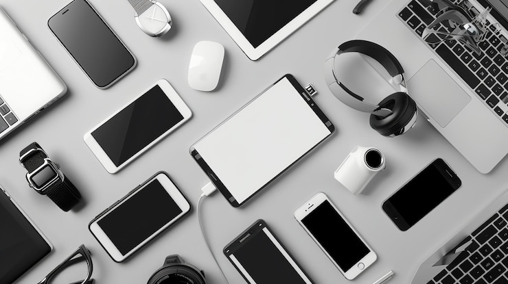 Foto disposición plana de aparatos modernos sobre un fondo gris
