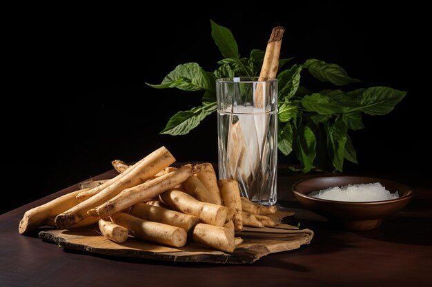 Disposición de raíces de yuca nutritivas Comida brasileña hecha con IA