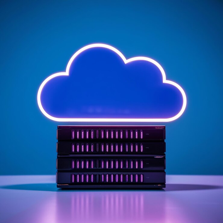 Foto un dispositivo de computación en la nube con un fondo azul y luces púrpuras