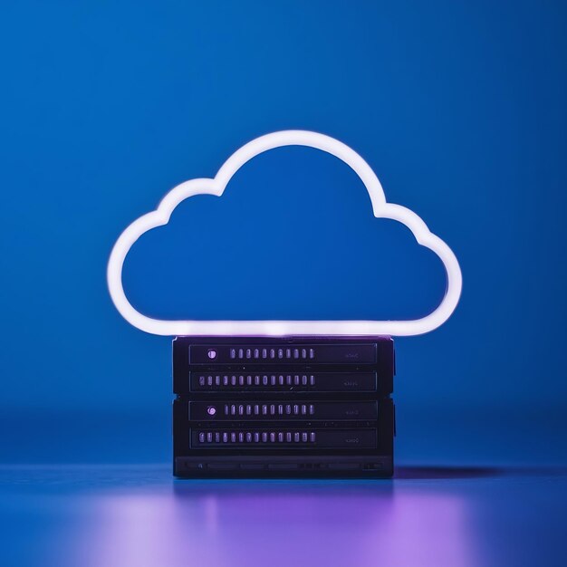 Un dispositivo de computación en la nube con fondo azul y luces violetas.