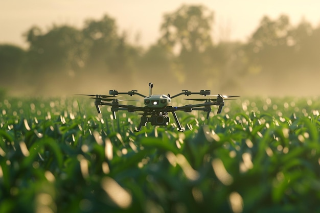 un dispositivo de control remoto en un campo de maíz con árboles en el fondo