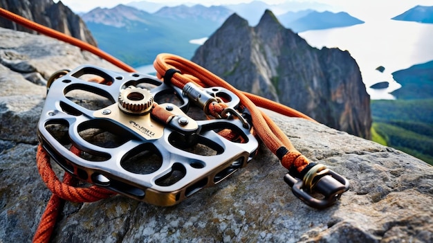 Foto dispositivo de escalada no cume da montanha