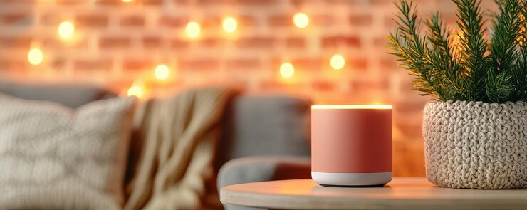dispositivo doméstico inteligente con iluminación ambiental se sienta en la mesa rodeado de una decoración acogedora y luces cálidas que crean una atmósfera relajante