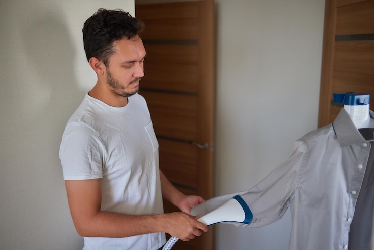 Foto dispositivo doméstico jovem feliz do oriente médio usando vapor de roupas e camisa a vapor ironando suas roupas com um gadget portátil