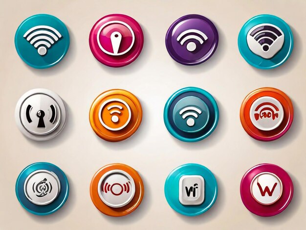 Foto dispositivo electrónico conexión inalámbrica a internet símbolos wifi iconos brillantes o pegatinas conjunto ilustración vectorial aislada