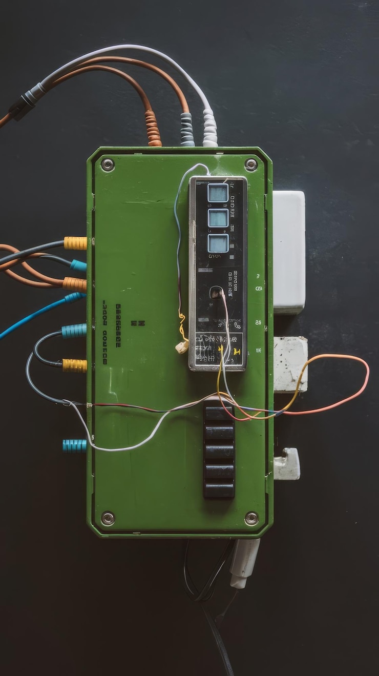 Foto dispositivo electrónico verde con cables conectados a él