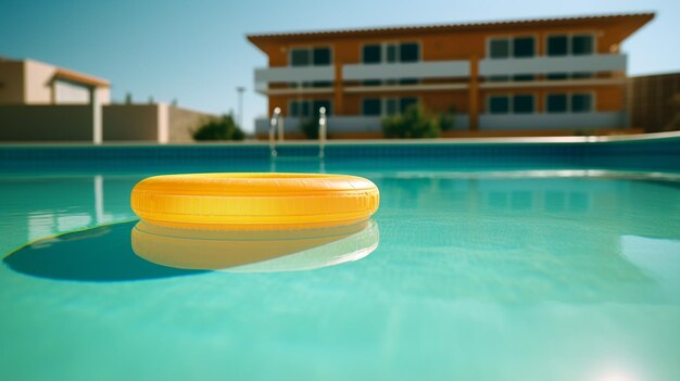 Foto un dispositivo flotante amarillo está en una piscina con una piscina al fondo.