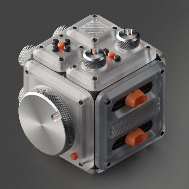 Dispositivo en forma de cubo isométrico renderizado en 3D con un conjunto de perillas, desvanecedores, interruptores y botones hechos de material plástico transparente esmaltado