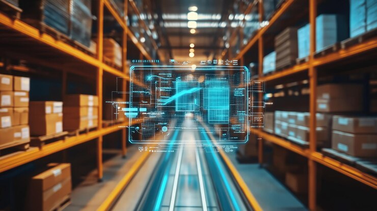 Foto un dispositivo futurista de realidad aumentada exhibido en un almacén con estantes de cajas