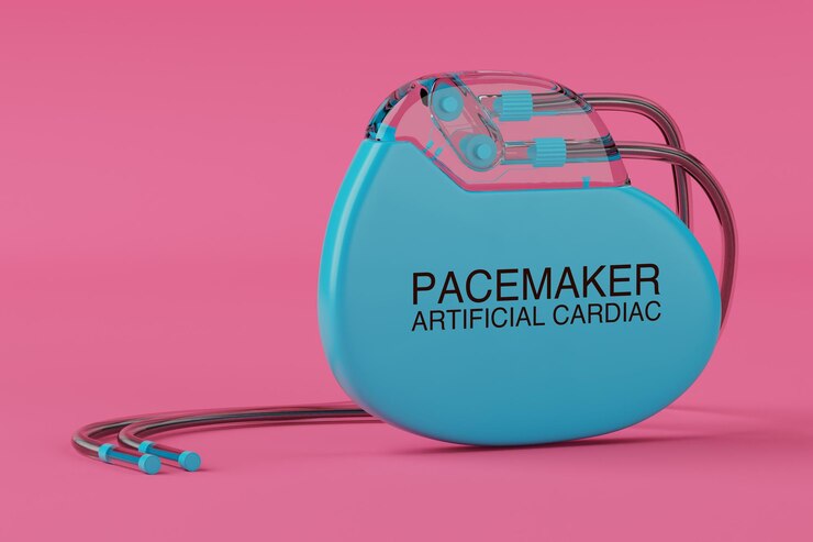 Foto dispositivo de marcapasos cardíaco artificial azul implantable en renderización 3d de estilo duotone
