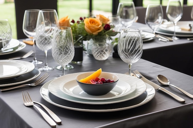 Dispositivo de mesa para comidas elegantes con cubiertos y vidrio