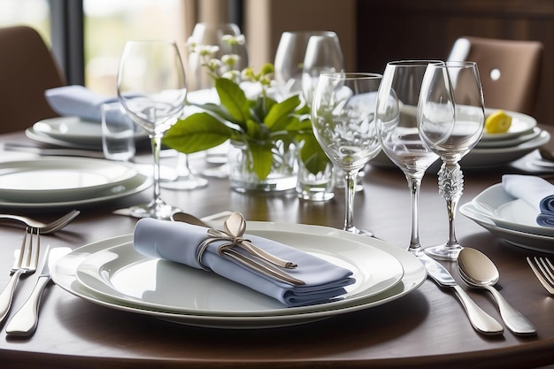 Dispositivo de mesa para comidas elegantes con cubiertos y vidrio