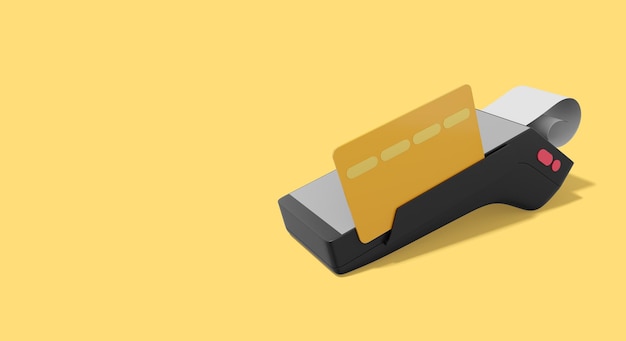 Dispositivo para pago NFC Terminal POS negro gris con tarjeta de crédito y cheque Máquina moderna para pago sin efectivo Representación 3D en el banner de fondo amarillo con espacio para texto