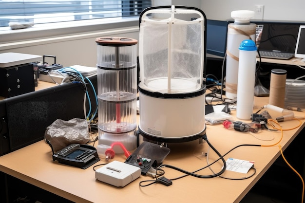 Dispositivo purificador de aire probado en laboratorio con varios instrumentos y herramientas visibles