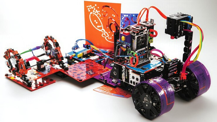 Foto dispositivo robótico colorido con ruedas y cables diseñado para la educación stem
