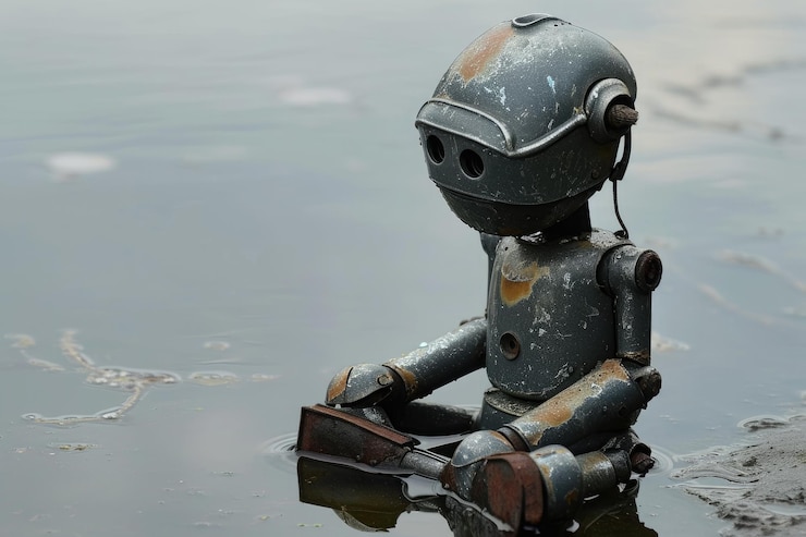 Foto un dispositivo robótico está representado sentado en una piscina de agua un robot sentado en un reflejo tranquilo generado por ia