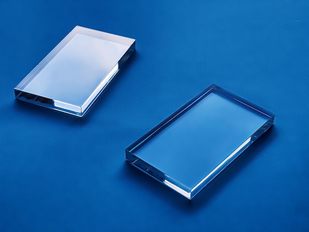 Dispositivo de vidrio transparente sobre fondo azul tecnología futura y diseño de maqueta de pantalla abstracta