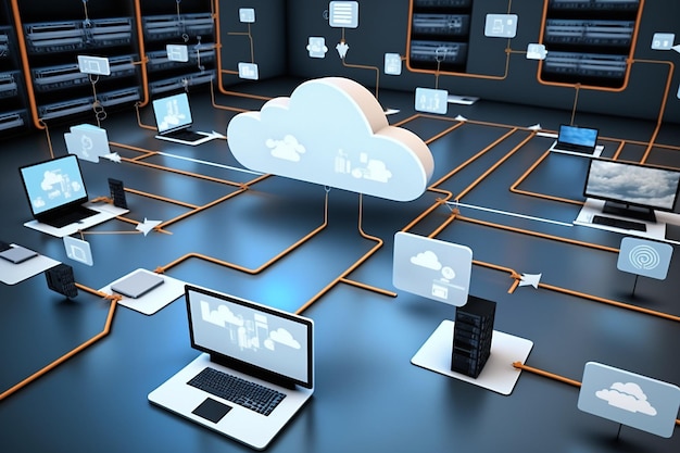 Dispositivos conectados al almacenamiento en el centro de datos, tabletas, teléfonos, dispositivos domésticos con una tecnología en la nube en línea, computación AI generativa