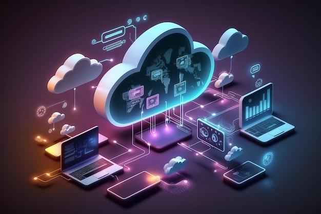 Dispositivos conectados al almacenamiento en el centro de datos, tabletas, teléfonos, dispositivos domésticos con una tecnología en la nube en línea, computación AI generativa