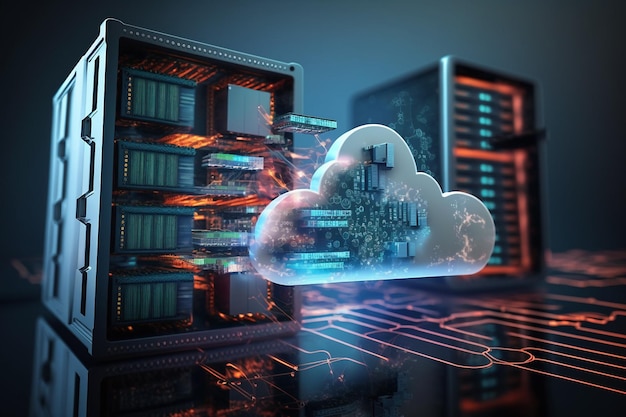 Dispositivos conectados al almacenamiento en el centro de datos, tabletas, teléfonos, dispositivos domésticos con una tecnología en la nube en línea, computación AI generativa