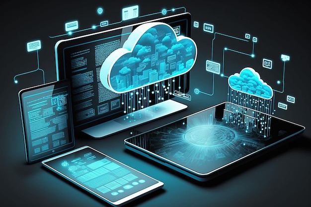 Dispositivos conectados ao armazenamento no data center tablet phone dispositivos domésticos com uma tecnologia de nuvem on-line Computação em nuvem Generative AI