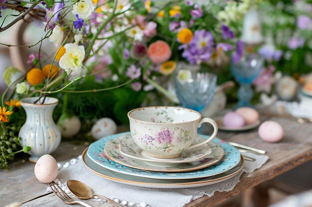 Dispositivos de mesa de Páscoa com flores de primavera e ovos de Páscua