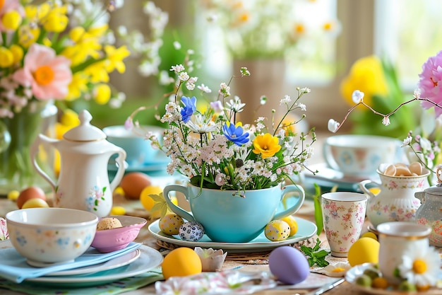 Dispositivos de mesa de Páscoa com flores de primavera e ovos de Páscua