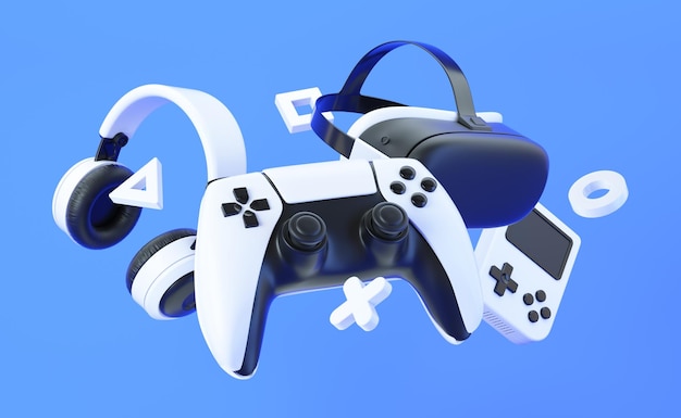 Foto dispositivos de videogame vr fones de ouvido e elementos abstratos em fundo azul renderização 3d il