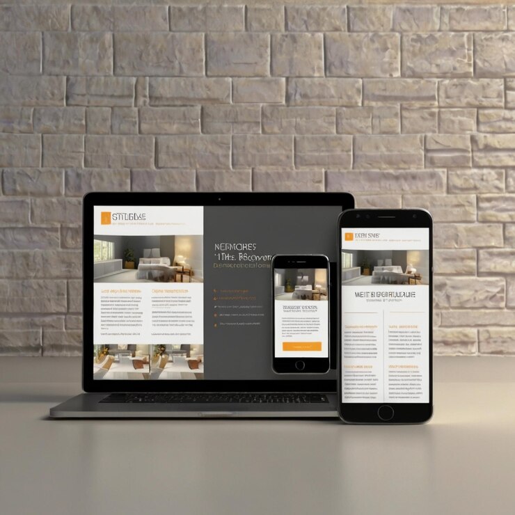 Los dispositivos generados digitalmente en el escritorio responden al diseño de sitios web frescos en la pantalla se componen de renderización 3D