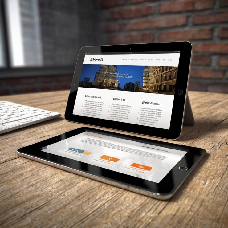 Los dispositivos generados digitalmente en el escritorio responden al diseño de sitios web frescos en la pantalla se componen de renderización 3D