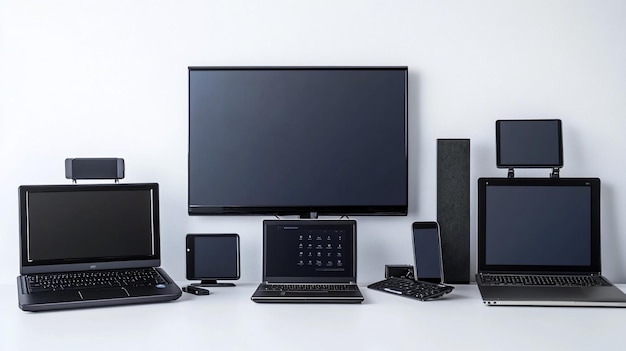 Dispositivos modernos configuración de oficina pantalla de fondo blanco comparación de tecnología del sitio web banner
