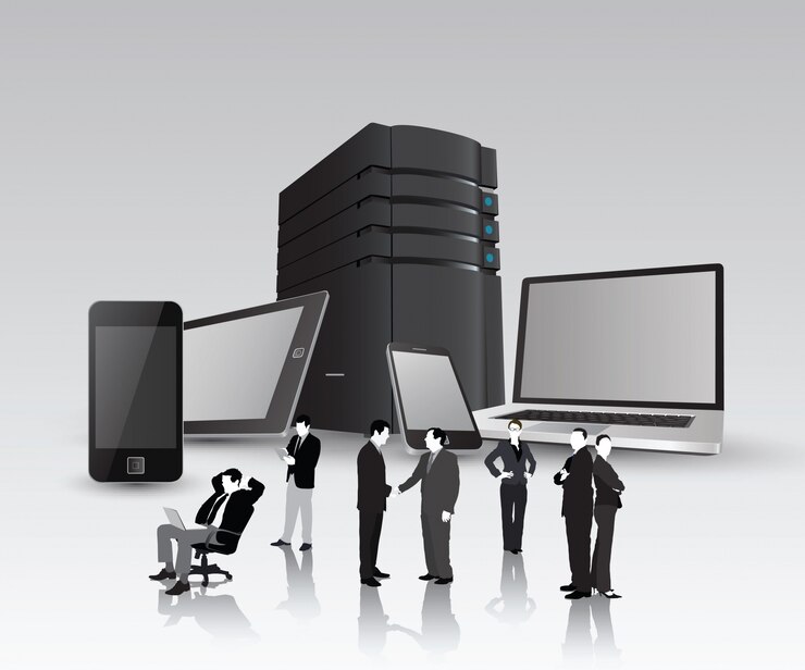 Foto dispositivos multimedia con torre de servidores y gente de negocios