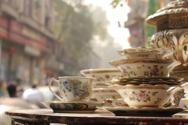 Dispositivos de porcelana antiguos apilados en el mercado al aire libre