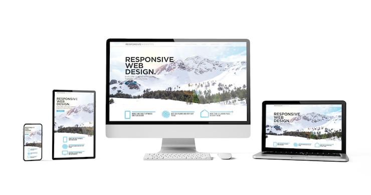 Foto dispositivos receptivos diseño web receptivo maqueta aislada de montaña renderización en 3d
