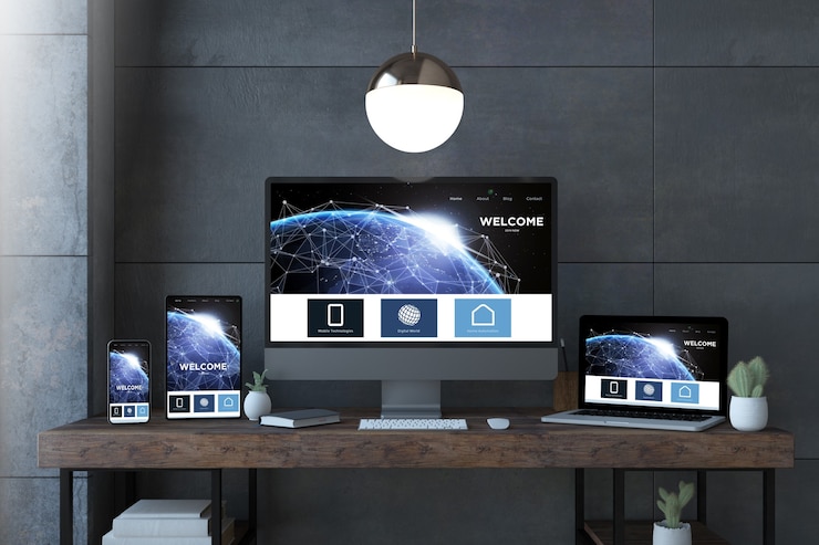 Foto dispositivos receptivos en un escritorio elegante con renderizado 3d del sitio web espacial