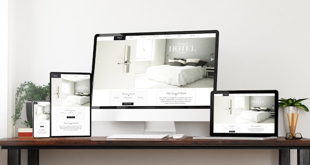 Dispositivos responsivos do site do hotel na vista frontal página inicial do site renderização em 3d