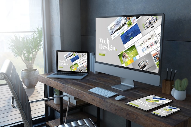 Dispositivos responsivos em uma renderização 3D de desktop mostrando o construtor de sites